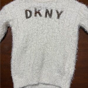 DKNY Cream Fuzzy Sweater with Metallic Bronze Logo